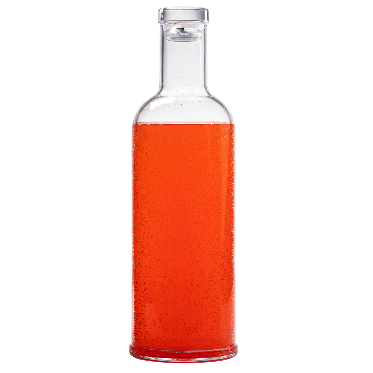 A clear glass TableCraft carafe, with a 34 oz. capacity, is filled with a bright orange or red carbonated liquid. Seen from the front, bubbles rise through the fizzy drink, and a transparent cap seals the narrow neck.