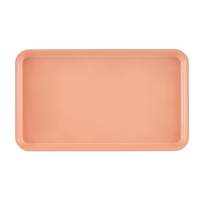 A rectangular Camtray with a smooth surface and rounded edges, shown from above. This high-impact fiberglass tray is a solid peach or light coral color with a slightly raised rim. The background is plain and light gray.