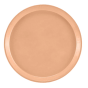 A round, plain, light brown Serving Camtray with a slightly raised edge, viewed from above on a white background. This round fiberglass tray has a smooth, matte finish and is dishwasher safe, with no visible patterns or decorations.