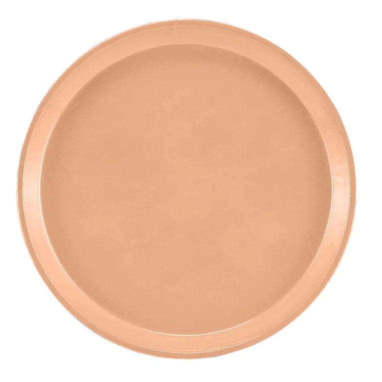 A plain, round, light brown fiberglass tray with a slightly raised edge, shown from above on a white background. This NSF Serving Camtray features a smooth, matte finish and no patterns or decorations.