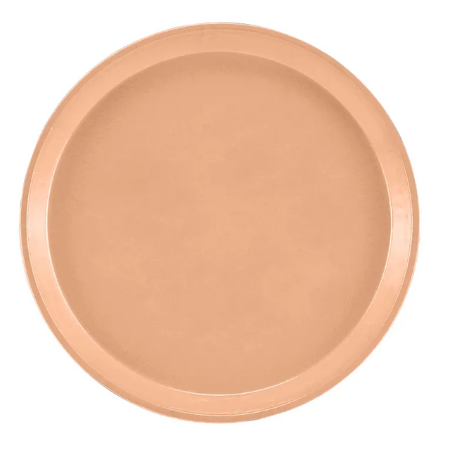 A plain, round, light brown Serving Camtray made from durable fiberglass with a smooth surface and slightly raised edge. This dishwasher safe tray has no handles or decorations and is shown top-down against a white background.