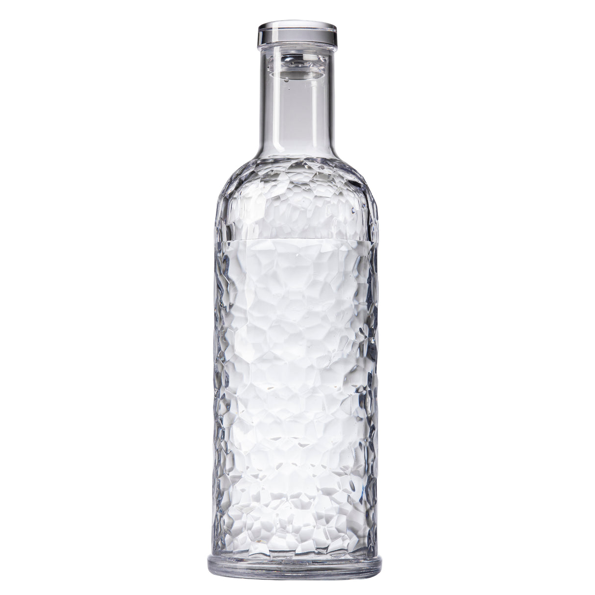 A clear, textured TableCraft carafe with a cylindrical body and narrow neck, filled with water. The 34 oz bottle features a faceted geometric pattern and is sealed with a transparent, flat-topped cap, standing upright on a plain white background.