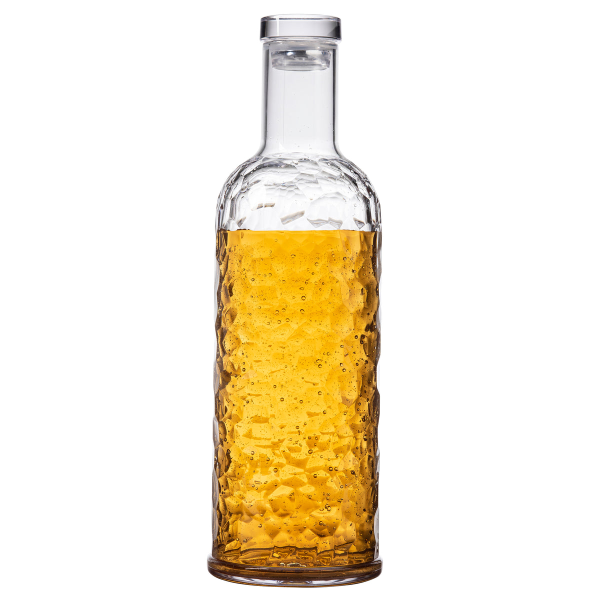 A tall, clear TableCraft carafe with a textured surface is filled with golden-yellow liquid, shown against a white background. The 34 oz bottle features a cylindrical body, long neck, and flat, round base.