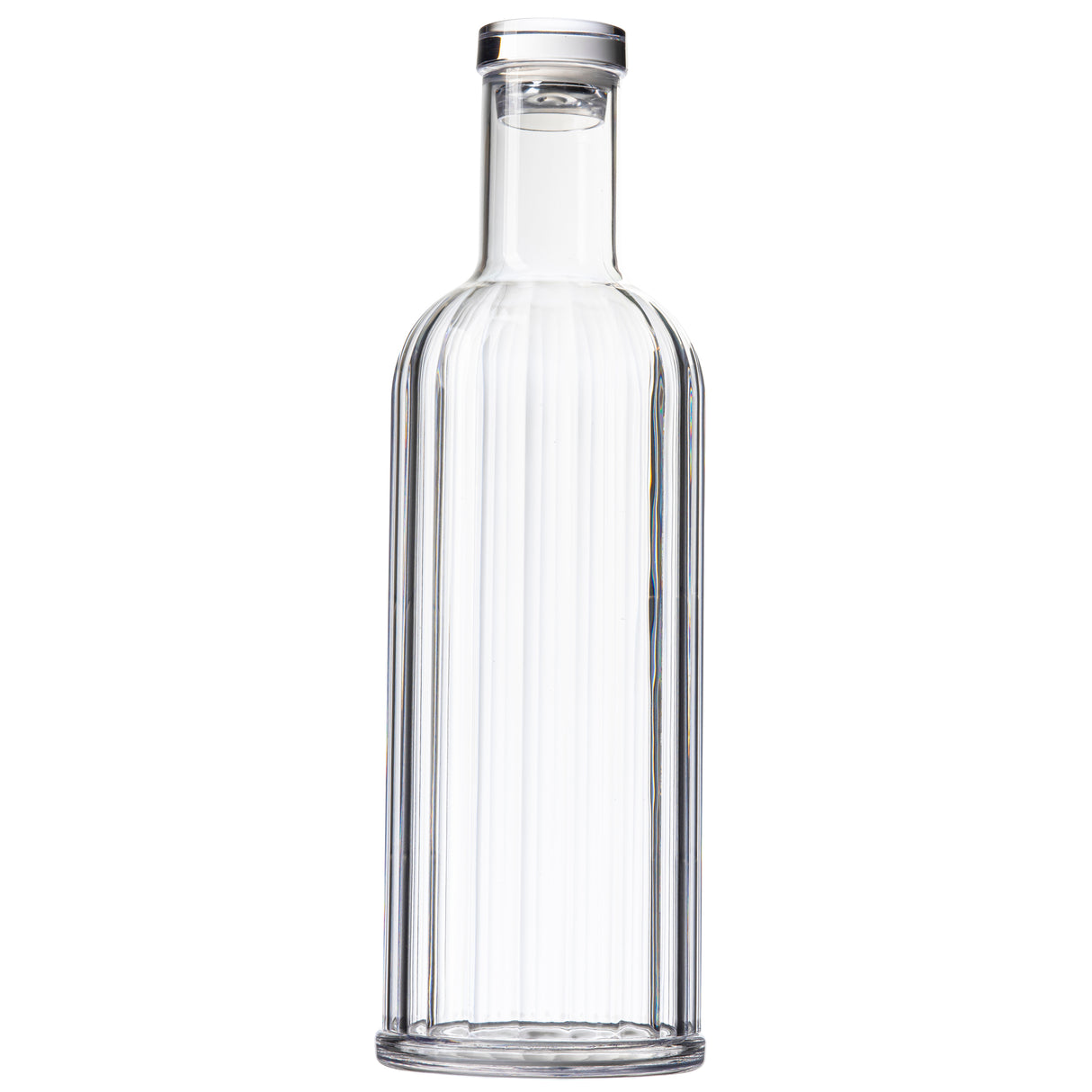 A clear, empty TableCraft glass bottle with a cylindrical shape, straight sides, and a slightly rounded shoulder. This 34 oz carafe has a narrow neck sealed with a round, flat, silver-colored cap against a plain white background.
