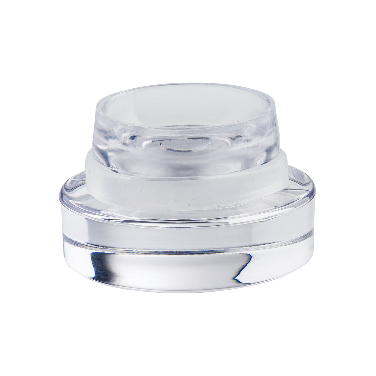 A clear, round plastic cosmetic jar lid with a smooth surface. The transparent lid features a slightly raised center and an inner ridge designed for sealing, similar to those found on a TableCraft 34 oz carafe. The background is plain white.