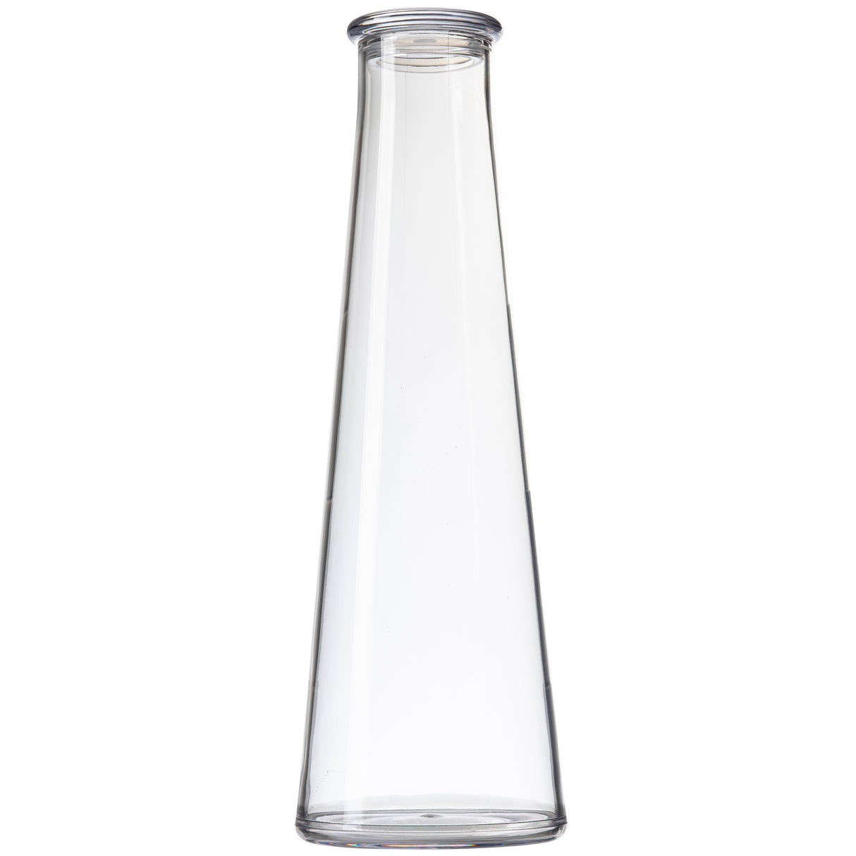 A clear, empty, 34 oz tall glass carafe with smooth sides tapers gently inward from a wide base to a narrow, round opening at the top. This elegant TableCraft vessel stands upright against a plain white background.