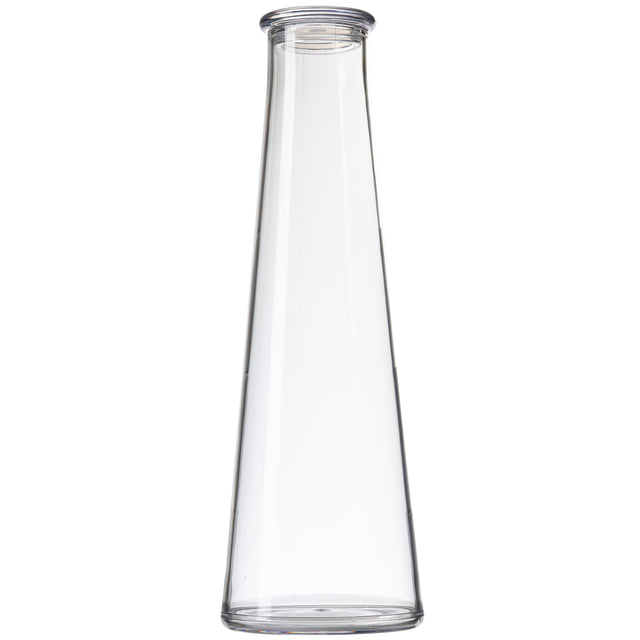 A clear, empty, 34 oz tall glass carafe with smooth sides tapers gently inward from a wide base to a narrow, round opening at the top. This elegant TableCraft vessel stands upright against a plain white background.