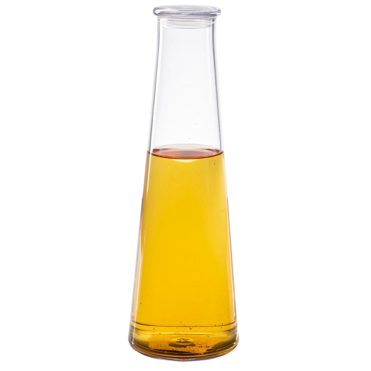 A TableCraft carafe filled with golden yellow liquid, likely oil or vinegar, sits against a plain white background. This clear 34 oz glass carafe has a wide base, tall narrow neck, and no visible cap. Light reflects off its smooth surface.