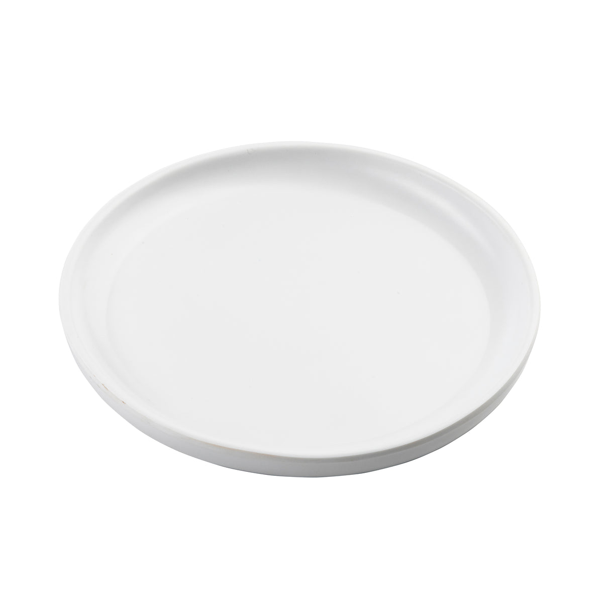 A plain, round white ceramic plate from the Terra Collection serving plate line is shown from a slightly angled top view. The plate has a smooth surface, a subtle rim, and no visible patterns or decorations against the white background.