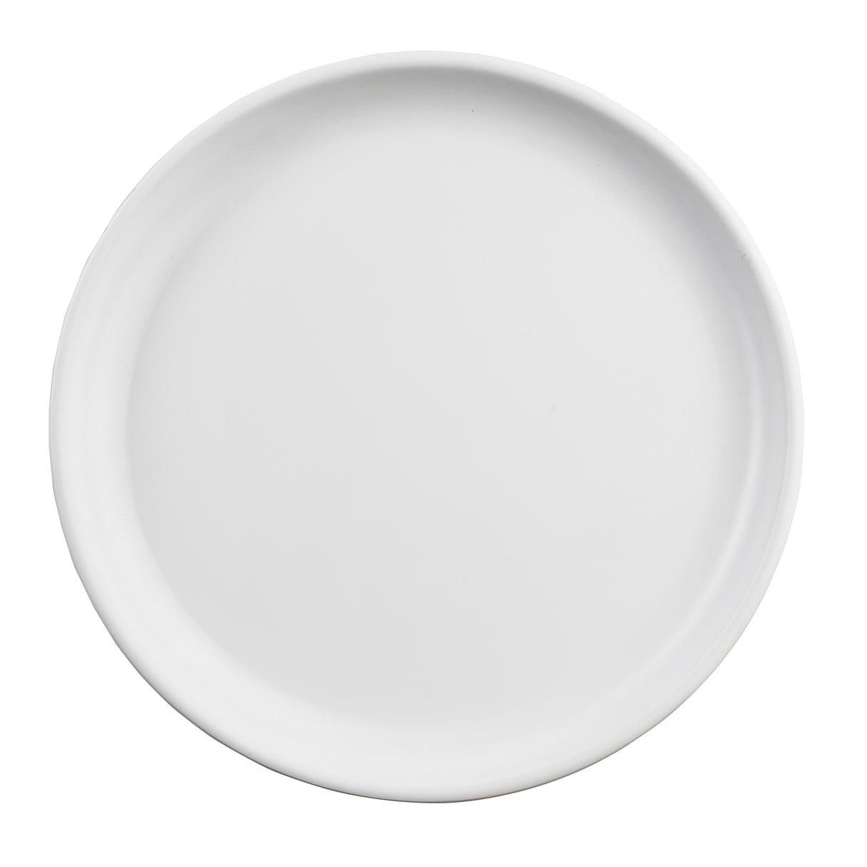 A plain, round white TableCraft Terra Collection serving plate is shown from above on a white background. The plate has a smooth surface and a slightly raised rim, with no patterns or decorations.