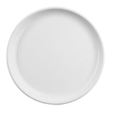 A plain, round white TableCraft Terra Collection serving plate is shown from above on a white background. The plate has a smooth surface and a slightly raised rim, with no patterns or decorations.