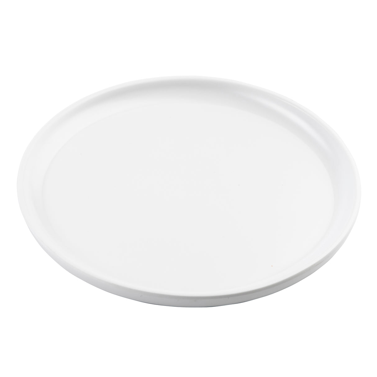 A plain, round, white Terra Collection Serving Plate with a slightly raised rim is photographed on a white background. The plate is empty and viewed from a slight angle, highlighting its minimalistic and clean design.