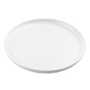 A plain, round, white Terra Collection Serving Plate with a slightly raised rim is photographed on a white background. The plate is empty and viewed from a slight angle, highlighting its minimalistic and clean design.