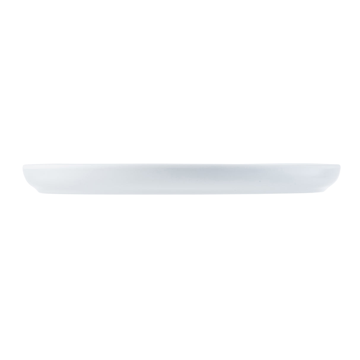 A plain, white, round melamine serving plate from the TableCraft Products Terra Collection is photographed from the side against a white background. The empty plate features a smooth, slightly raised rim and flat surface, showcasing its minimalistic design.