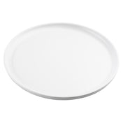 A plain, round, white ceramic serving plate with a slightly raised edge is shown on a white background. The plate is empty and viewed from a slight overhead angle.