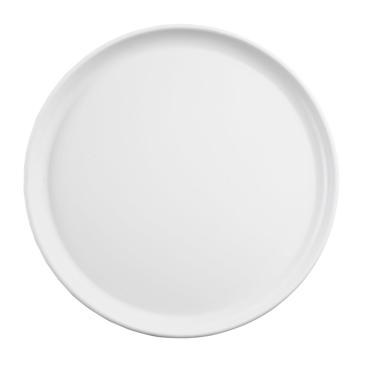 A plain, round white serving plate from the Terra Collection is shown from above on a white background. The plate has a smooth surface and a slightly raised rim, with no patterns, textures, or decorations.