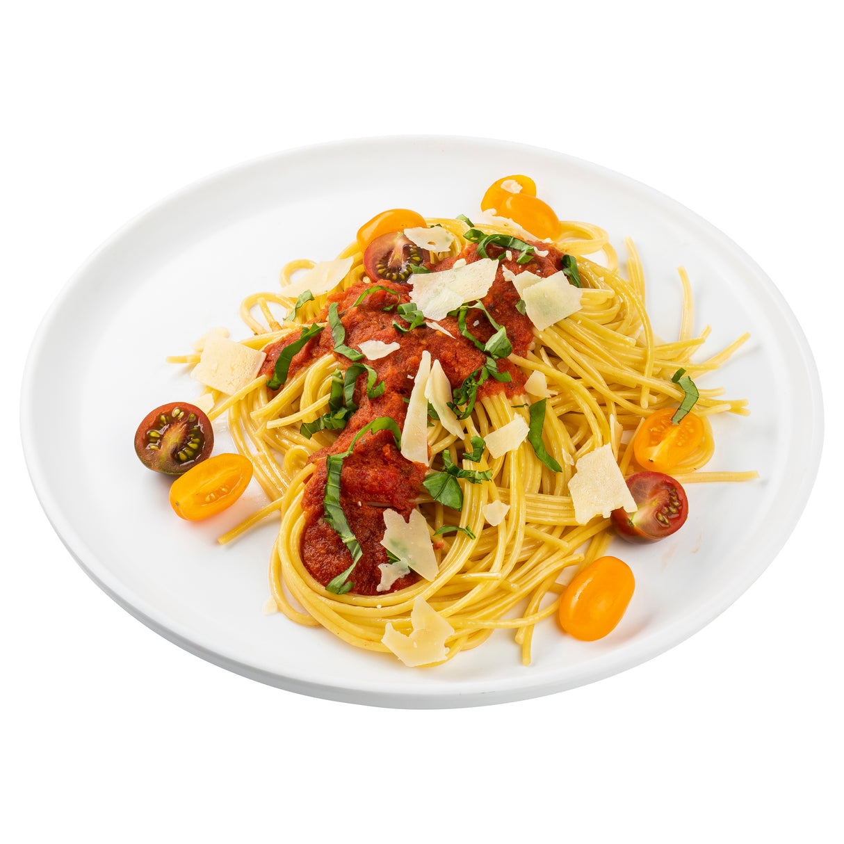 A white Terra Collection Serving Plate holds spaghetti topped with red tomato sauce, grated Parmesan, fresh basil, and halved yellow and red cherry tomatoes, all arranged neatly against a white background. Crafted from durable melamine.