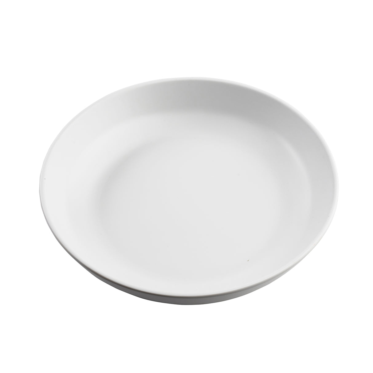 A plain, white, round ceramic plate is shown against a white background. With gently curved edges and no patterns, it matches the minimalist style found in TableCraft Products' Terra Collection serving bowl.