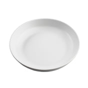 A plain, white, round ceramic plate is shown against a white background. With gently curved edges and no patterns, it matches the minimalist style found in TableCraft Products' Terra Collection serving bowl.