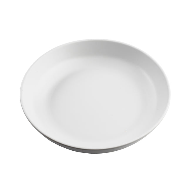A plain, white, round ceramic plate is shown against a white background. With gently curved edges and no patterns, it matches the minimalist style found in TableCraft Products' Terra Collection serving bowl.