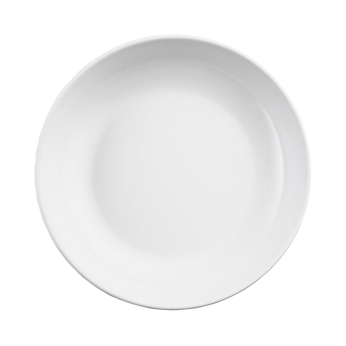 A plain, round, white melamine serving bowl is shown from above against a white background. The bowl has a smooth surface with a slightly raised rim and no visible designs or patterns, reminiscent of TableCraft Products' Terra Collection.