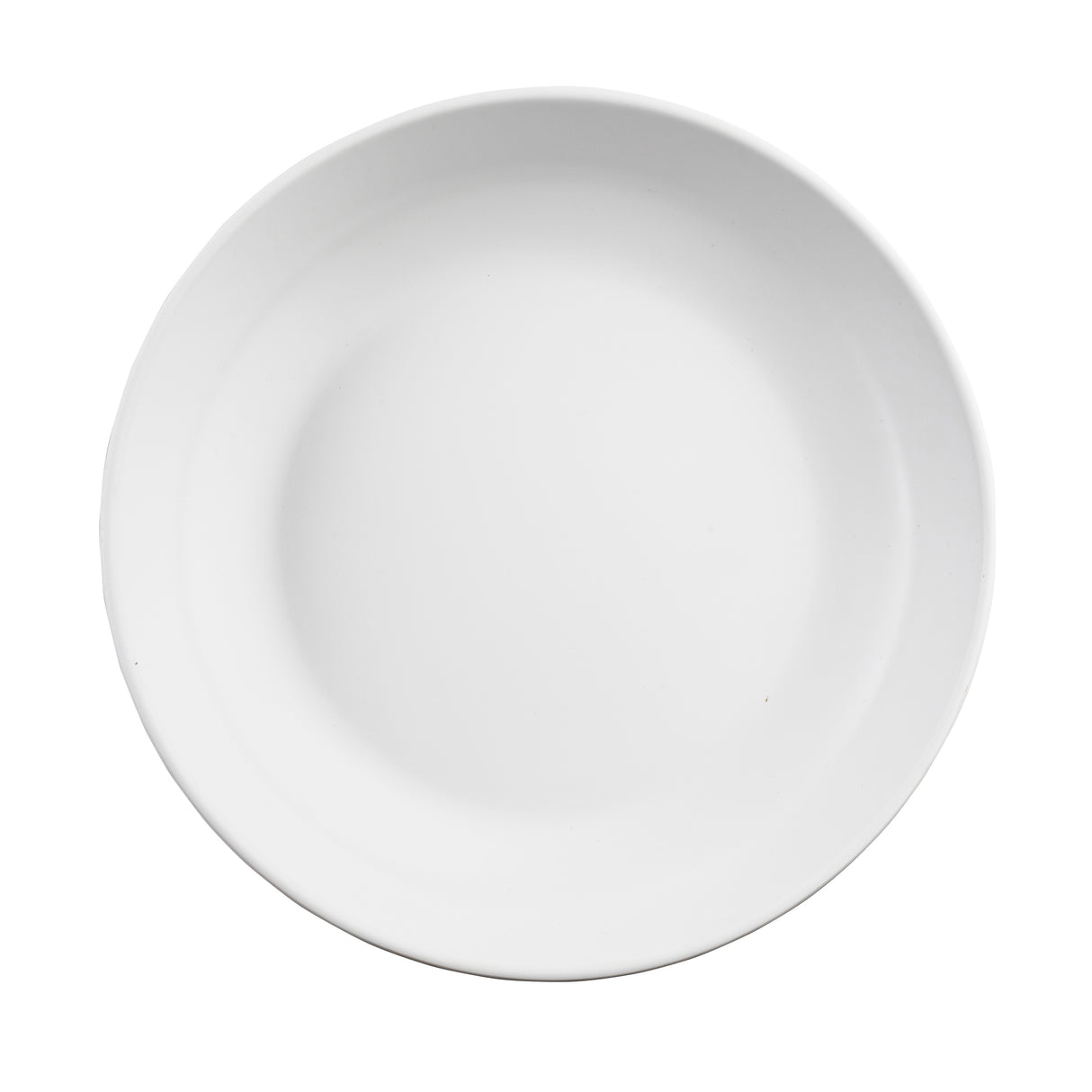 A plain, round, white ceramic plate from the Terra Collection is seen from above. The plate’s smooth surface and slightly raised rim highlight its simple, clean design against the white background.