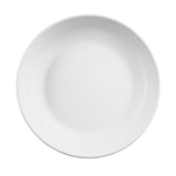 A plain, round, white ceramic plate from the Terra Collection is seen from above. The plate’s smooth surface and slightly raised rim highlight its simple, clean design against the white background.