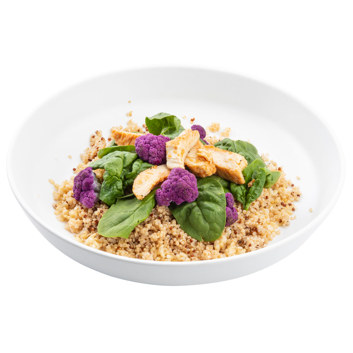 A white Terra Collection melamine serving bowl filled with cooked quinoa, topped with bright spinach leaves, chicken breast pieces, and vibrant purple cauliflower, set against a white background.