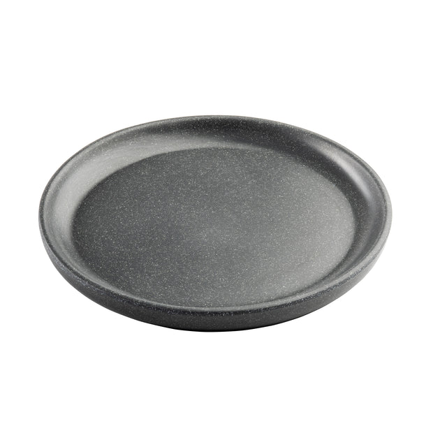 A round, shallow, dark gray TableCraft Terra Collection Serving Plate with a slightly raised edge and smooth, matte, speckled surface sits on a white background. The melamine serving plate appears sturdy and minimalistic in design.