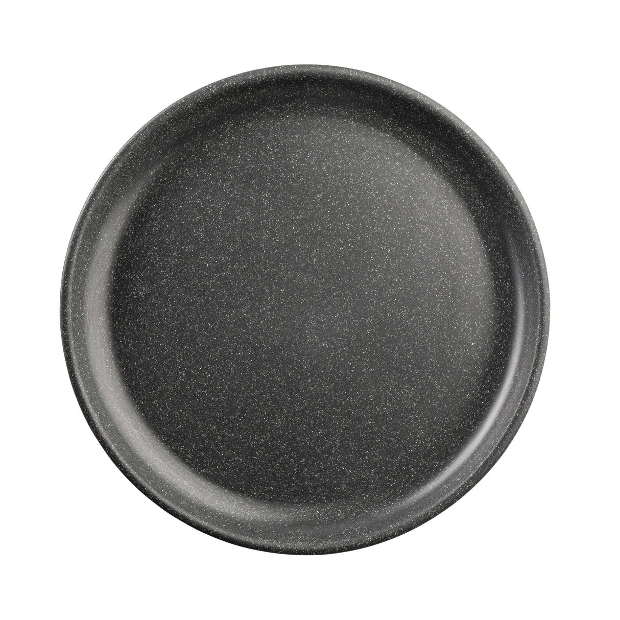 A round, dark gray Terra Collection Serving Plate by TableCraft with a slightly raised edge and smooth melamine surface, featuring subtle light speckles throughout. The plate is photographed from above on a white background.
