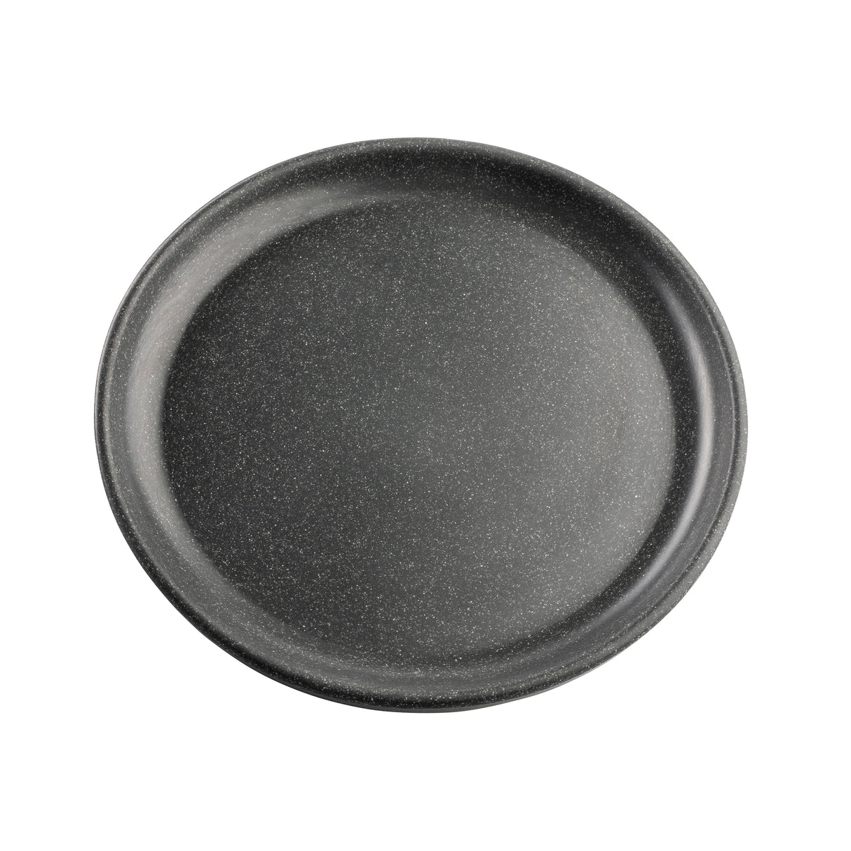 A round, dark grey TableCraft Terra Collection Serving Plate with a subtle speckled pattern and slightly raised rim, shown from above on a white background. The smooth, matte melamine serving plate appears empty.