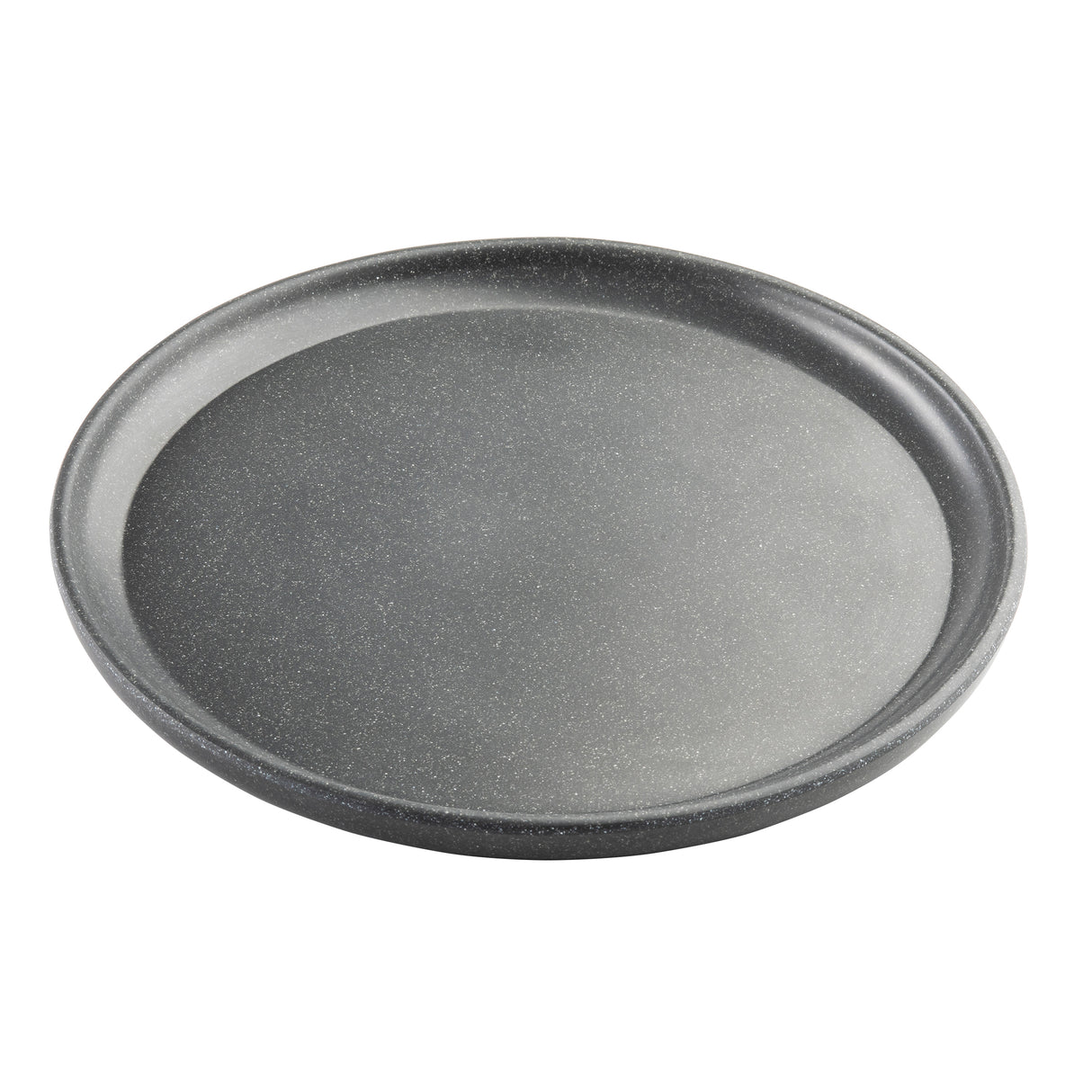 A round, flat, black Terra Collection Serving Plate with slightly raised edges and a subtle speckled texture, shown on a white background. The tray appears to be made of stone or ceramic material.