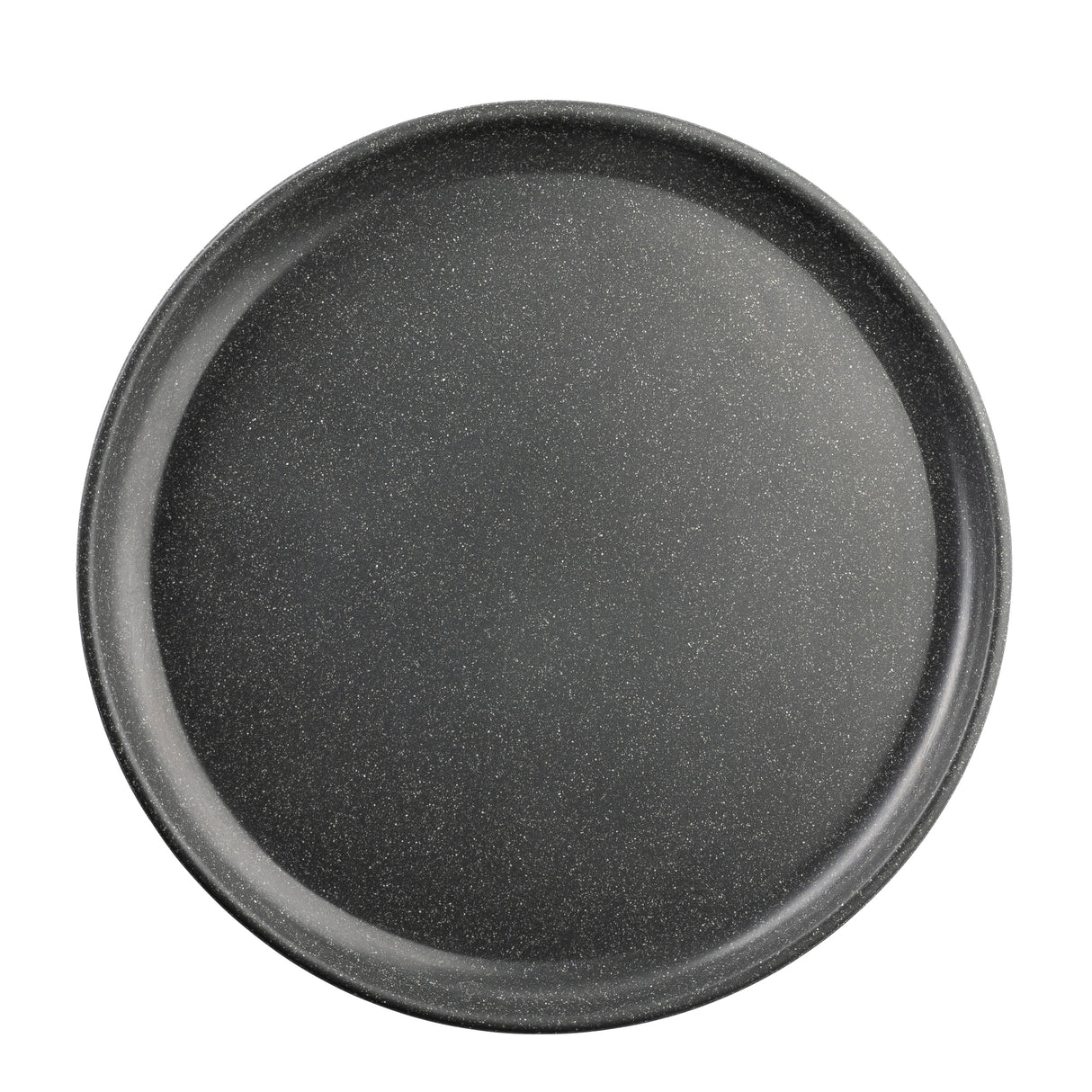 A round, black, non-stick pizza pan with a slightly raised edge and a speckled pattern, photographed from above against a white background. Reminiscent of the TableCraft Products Terra Collection Serving Plate, its surface appears smooth and clean.