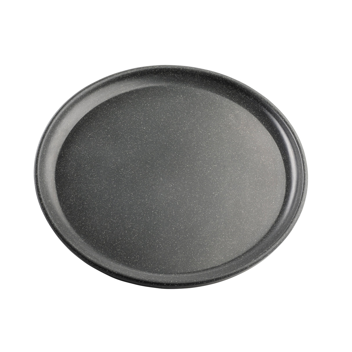 A round, empty, dark gray melamine serving plate from the TableCraft Products Terra Collection features a slightly raised rim and smooth, matte finish. Its subtle speckled pattern gives it a stone-like appearance against a white background.