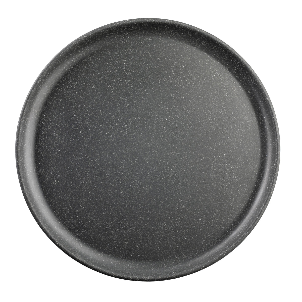A round, dark gray serving plate from the Terra Collection features a slightly raised edge and a smooth, matte, speckled surface, shown against a white background.