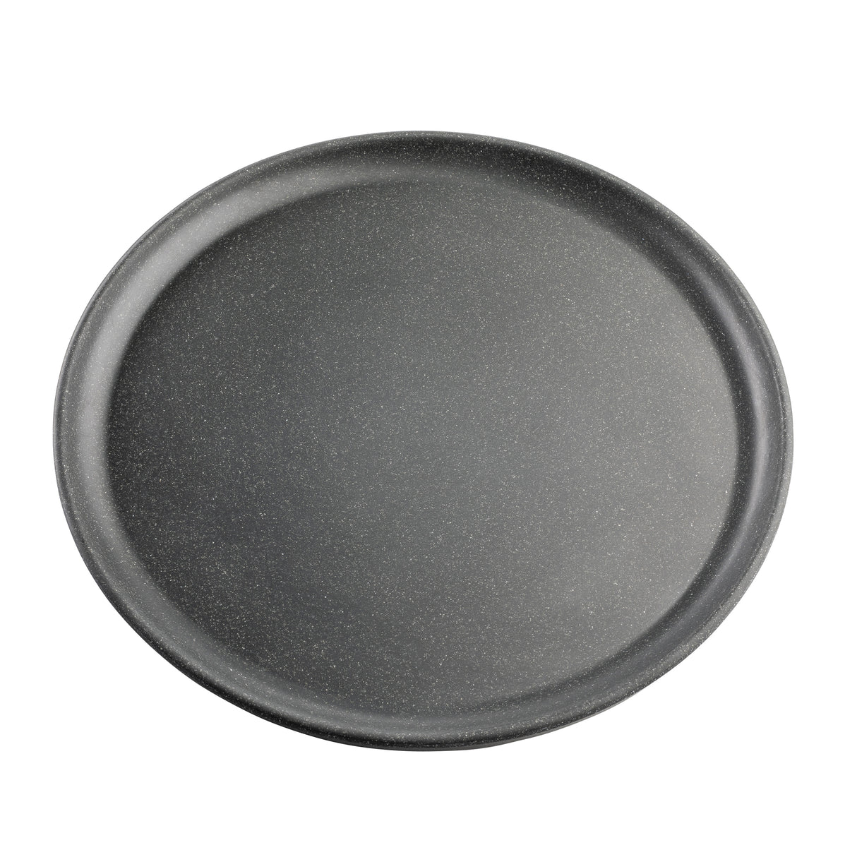 A round, dark gray pizza pan from the Terra Collection features a slightly raised edge and a smooth, matte finish. Subtle speckling hints at a non-stick coating. The pan is photographed from above on a plain white background, like a serving plate.