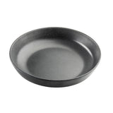A round, shallow, dark gray melamine baking dish from the Terra Collection is shown against a white background. The dish has smooth sides, a slightly textured surface, and no handles or visible brand markings.