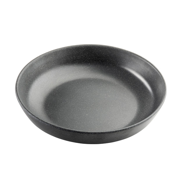 A round, shallow, dark gray melamine baking dish from the Terra Collection is shown against a white background. The dish has smooth sides, a slightly textured surface, and no handles or visible brand markings.