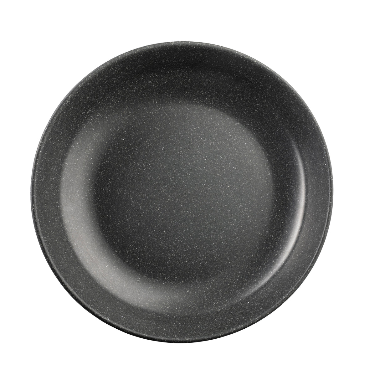 A round, dark gray ceramic plate from the Terra Collection with a speckled texture, shown from above against a white background. The plate is empty and has a smooth, slightly curved rim. Ideal for pairing with matching serving bowls.