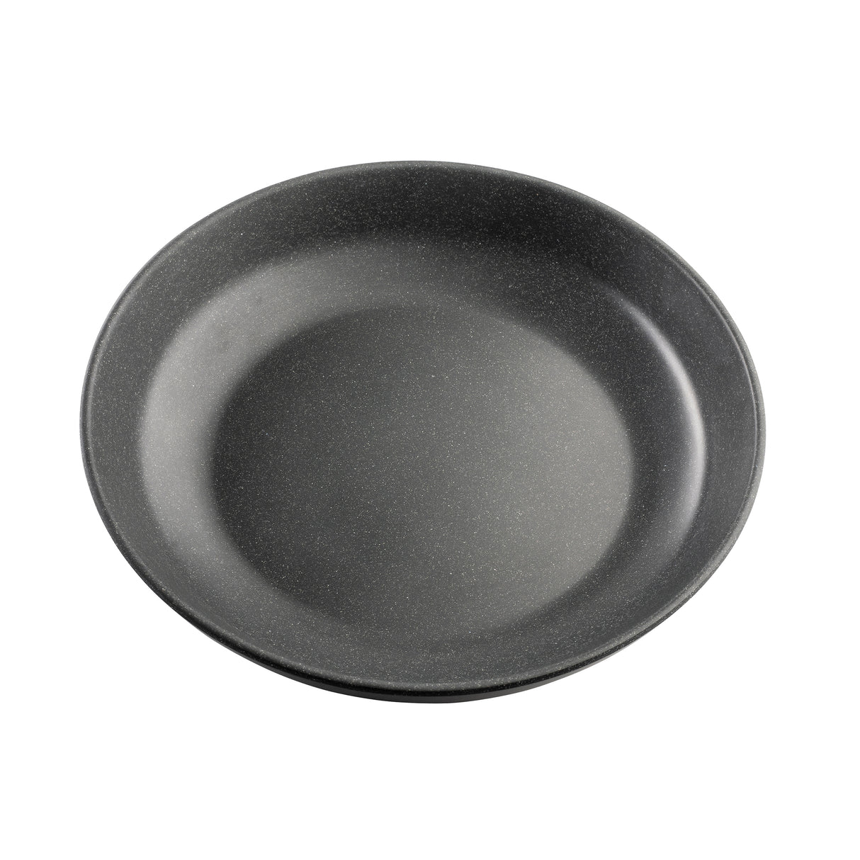 A round, dark gray melamine plate from the Terra Collection is shown from above on a white background. The plate features slightly raised edges and a smooth, matte finish with a subtle speckled texture.