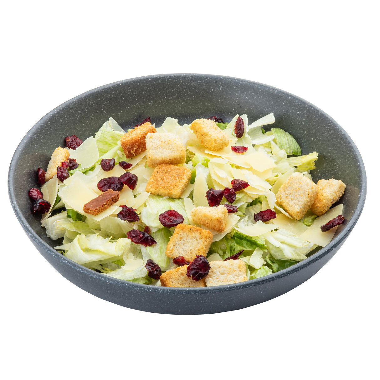 A gray Terra Collection Serving Bowl filled with chopped lettuce, croutons, shaved parmesan cheese, and dried cranberries. The fresh ingredients are vibrant and colorful, arranged on a white background with no other objects visible.