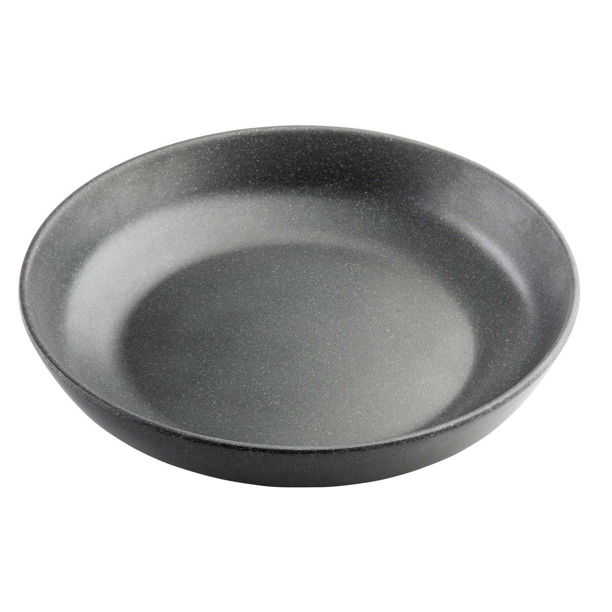 A round, shallow, dark gray ceramic plate with a smooth, matte finish and subtle speckled texture from the Terra Collection, photographed on a white background. The plate has slightly raised, gently sloping sides.