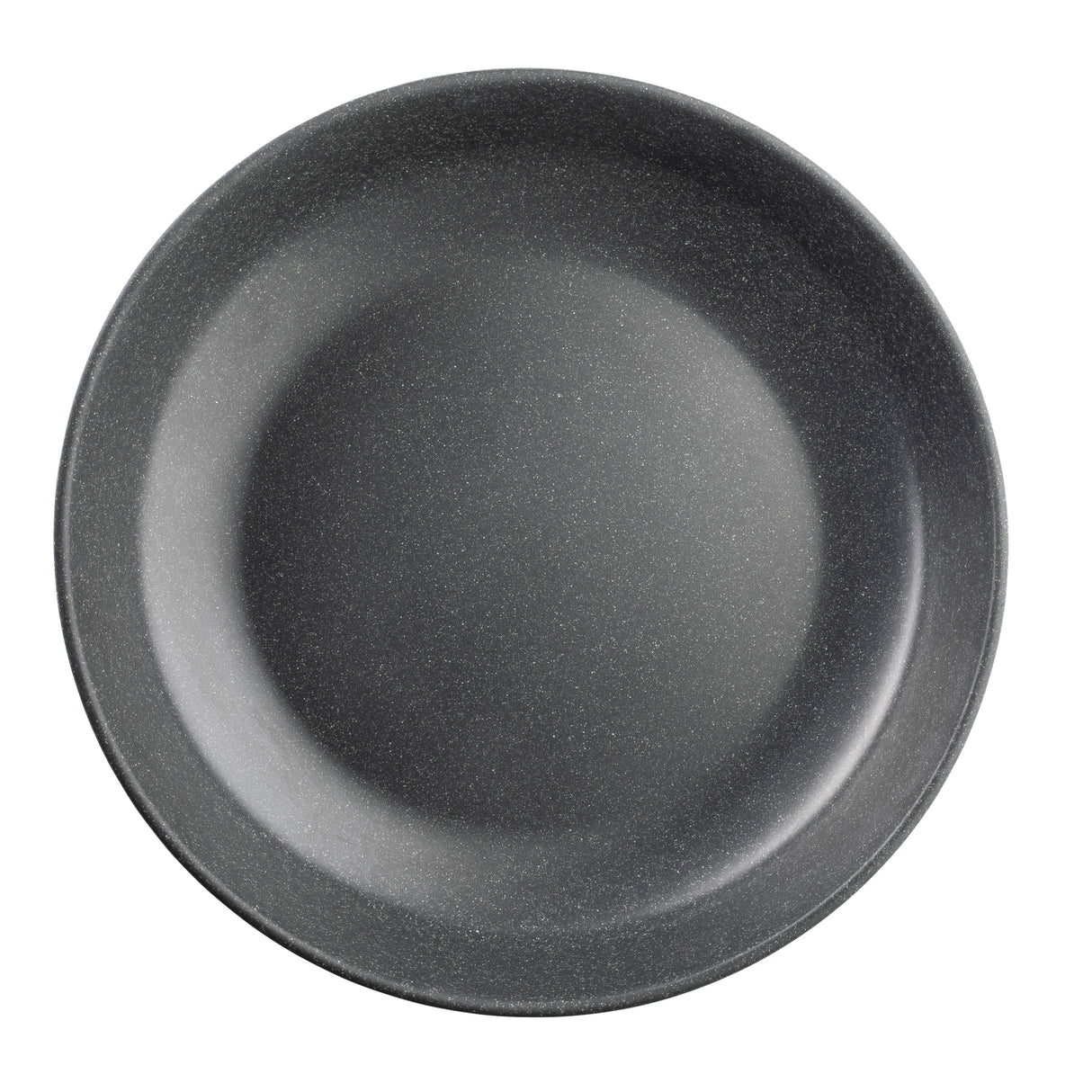 A round, empty, dark gray plate with a slightly glossy, speckled finish is pictured against a white background—part of the Terra Collection serving bowl line, it features a smooth surface and gently sloped sides with no patterns or decorations.