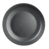 A round, empty, dark gray plate with a slightly glossy, speckled finish is pictured against a white background—part of the Terra Collection serving bowl line, it features a smooth surface and gently sloped sides with no patterns or decorations.