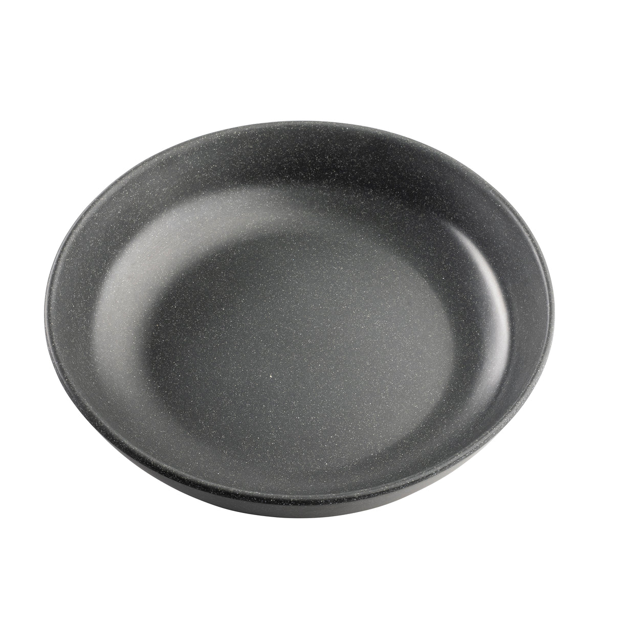 A round, shallow Terra Collection serving bowl with gently sloped sides and a smooth, slightly speckled surface. This 48 oz melamine serving bowl is photographed on a plain white background, highlighting its simple and modern design.