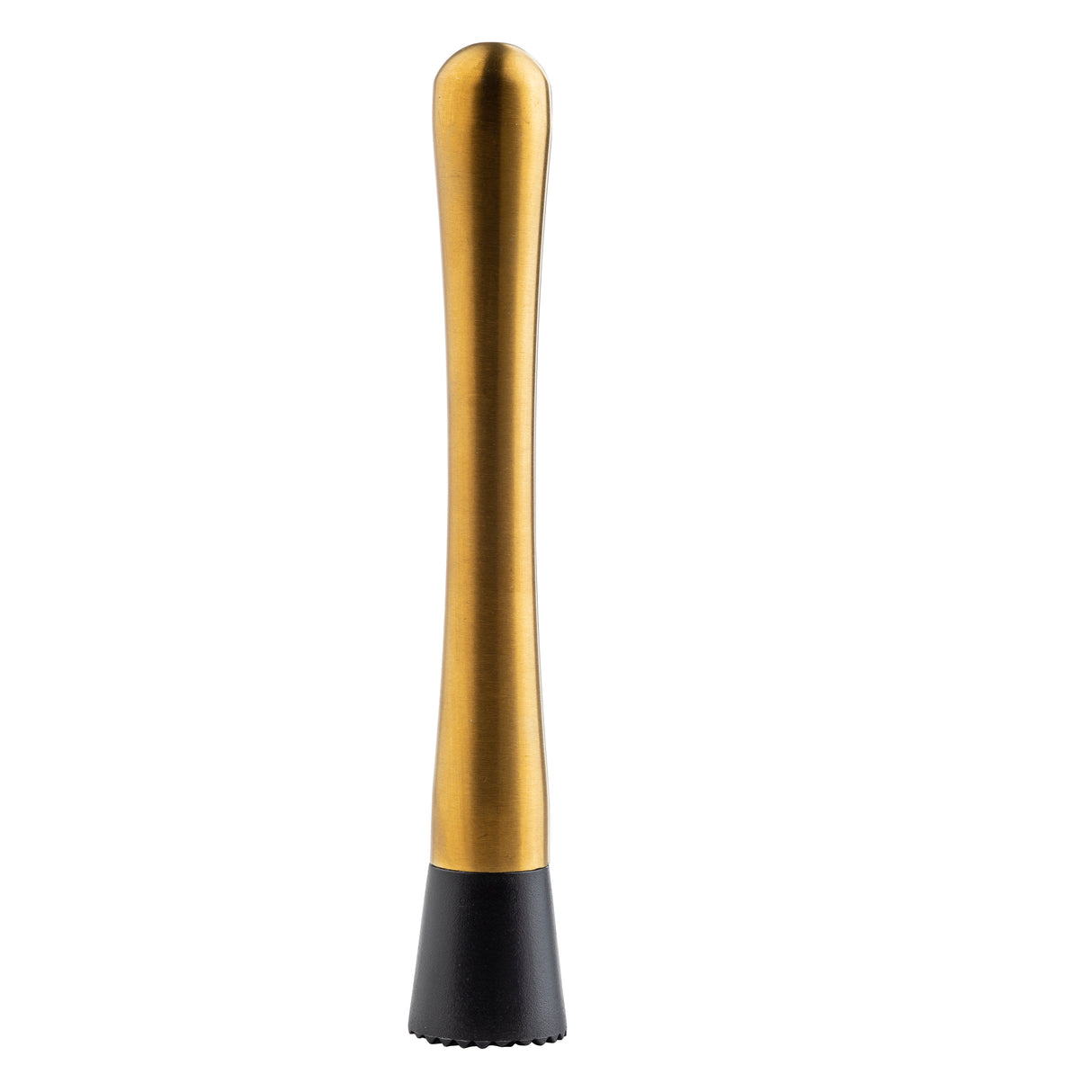 A gold muddler with a smooth, metallic handle and a black, textured plastic base stands upright against a white background. The sleek, modern design is perfect for bartending or mixing drinks with style.