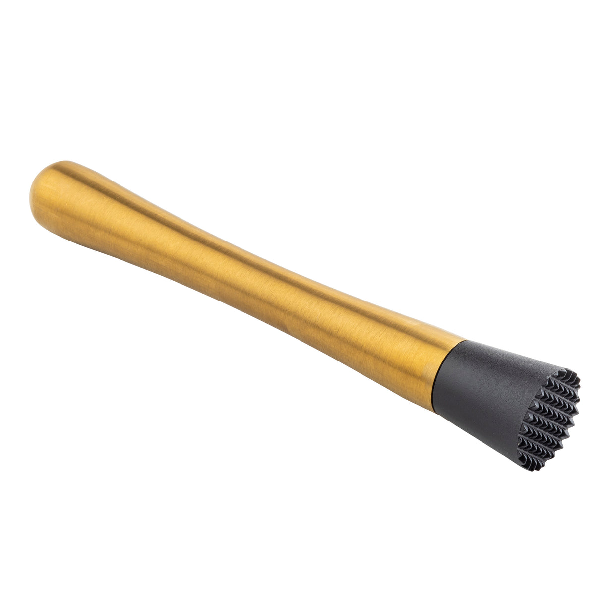 A gold muddler with a smooth, tapered handle and a black, textured flat end designed for crushing herbs or fruit. The stainless steel muddler is photographed on a white background, positioned diagonally from bottom right to top left.