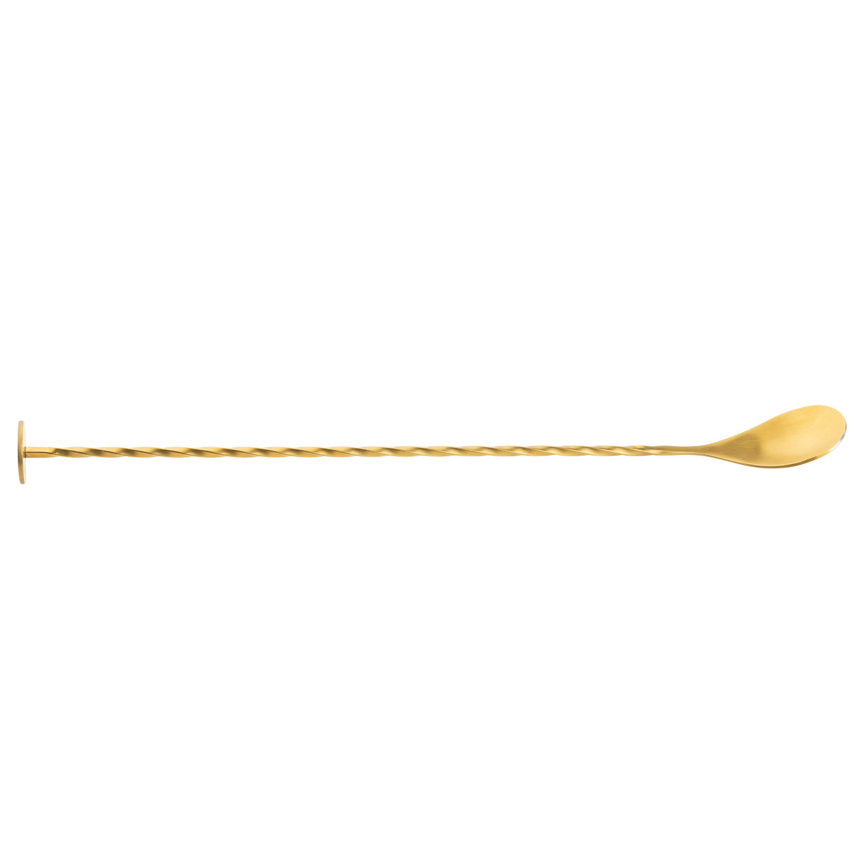 A Gold Bar Spoon with a twisted handle, flat disc on one end, and rounded spoon on the other, crafted from stainless steel. Displayed horizontally on a white background.