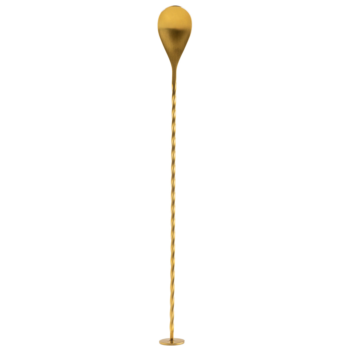 A long, gold bar spoon with a twisted, slender stem and a large, rounded, teardrop-shaped top stands vertically on a small circular base against a white background.