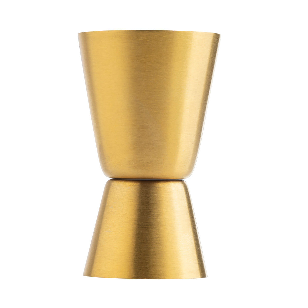 A gold cocktail jigger with a brushed finish features two conical measuring cups joined at their bases, crafted from stainless steel for accuracy and style. The larger cup sits on top, the smaller one on the bottom—perfect for precise cocktail measurements.